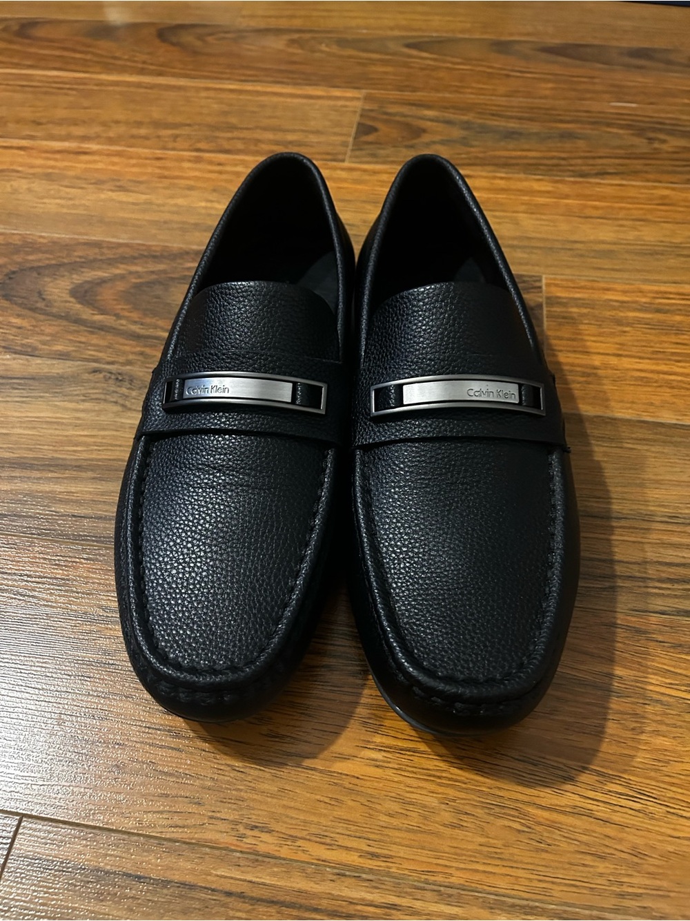 Calvin Klein Black Pebbled Leather Slip-On Loafers with Metal Bar